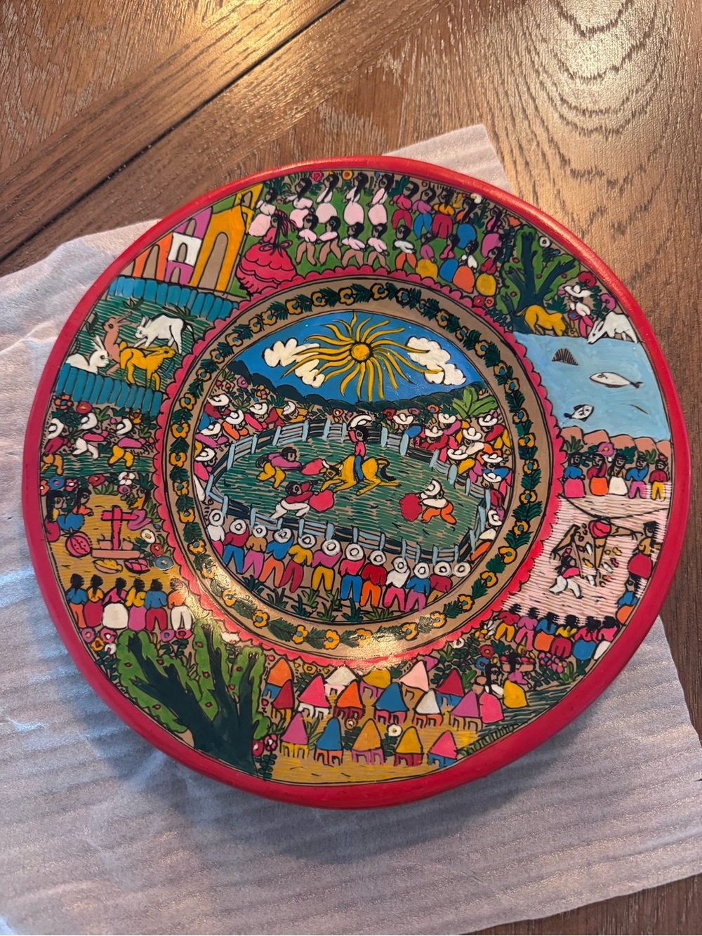 Vintage Mexican folk art pottery plate, commonly known as a "storyteller"